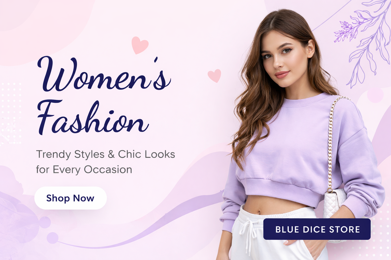 Woman wearing a purple sweater with text promoting women's fashion from Blue Dice Store.